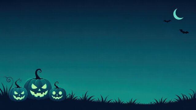 Spooky halloween background featuring glowing jack o lanterns under a crescent moon in a dark night sky