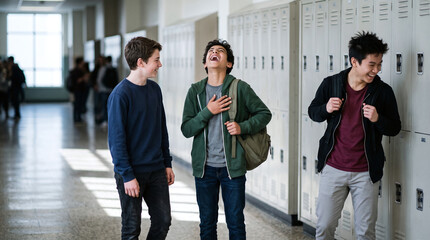 Fototapeta premium Boy laughing with friends in school corridor