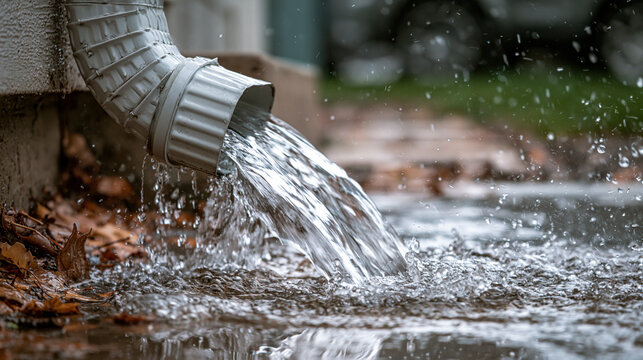 Water gushing out of a white metal downspout during heavy rain. Drainage system concept for home maintenance.