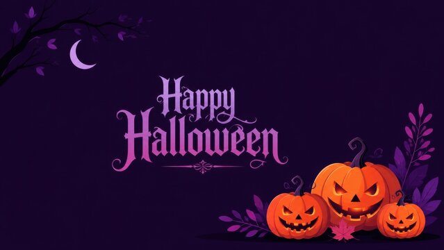 Festive happy halloween greeting card design featuring glowing carved jack o lantern pumpkins on a dark purple background