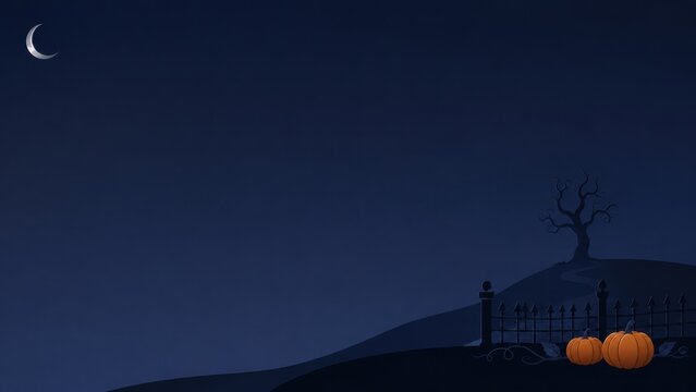 A spooky halloween night scene featuring glowing pumpkins under a crescent moon on a dark blue background