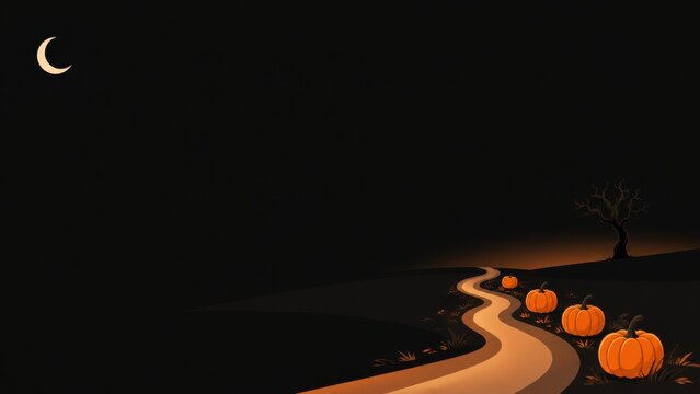 A spooky halloween path illuminated by glowing jack o lanterns under a crescent moon in the dark night
