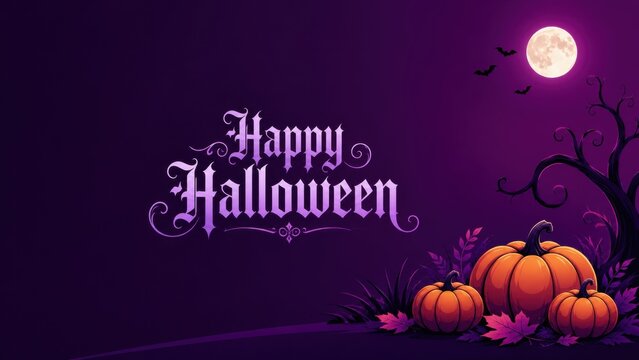 Festive happy halloween greeting card featuring orange pumpkins and a glowing full moon on purple background