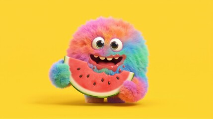 Obraz premium Funny fluffy rainbow monster eating a slice of fresh watermelon. Cute colorful alien creature with soft fur. Joyful summer character design for children book or holiday greeting card.