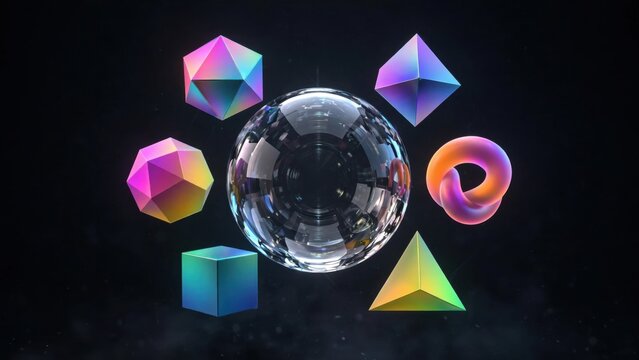 Abstract Geometric Shapes with Iridescent Colors and Crystal Sphere.