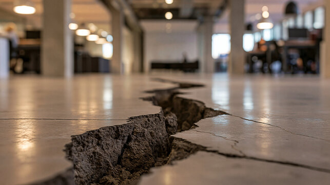 Severe crack in office floor from earthquake. Disaster recovery concept.