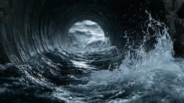 Water rushing rapidly through a dark concrete tunnel with dramatic splashes. Drainage system concept for industrial.