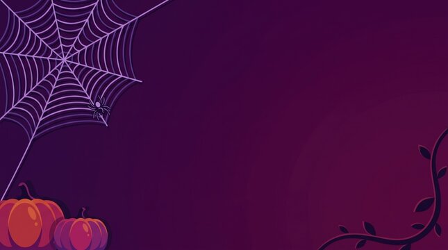 Dark purple halloween background featuring a white spider web and decorative autumn flowers for seasonal party invitations