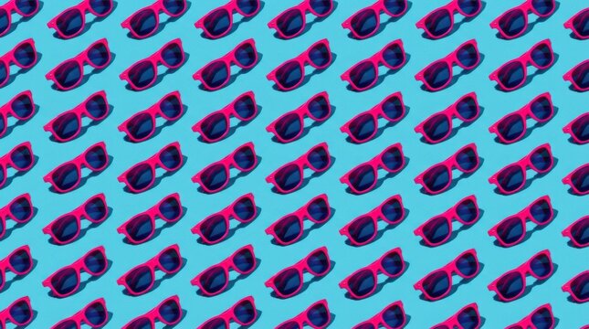 Vibrant pink sunglasses arranged in a repeating pattern against a bright light blue studio background