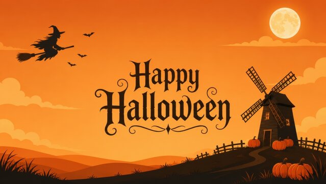 Happy halloween greeting card design featuring a spooky windmill silhouette with a flying witch against a full moon