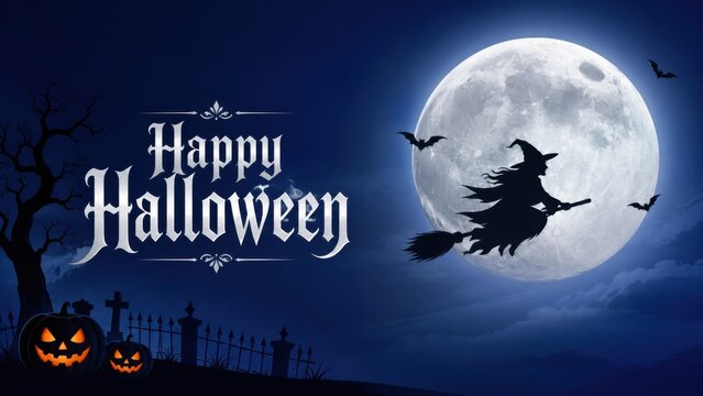 A spooky halloween background featuring a witch flying on a broomstick in front of a full moon
