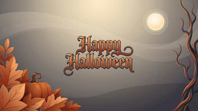 A festive happy halloween greeting card featuring a glowing full moon and autumn leaves in a spooky night