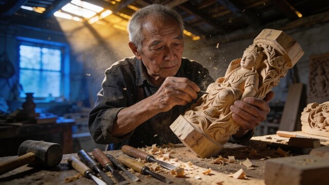 Elderly Asian craftsman diligently carves intricate details into a wooden Buddha statue in his sunlit workshop.