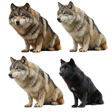 Four wolves sitting isolated on transparent background