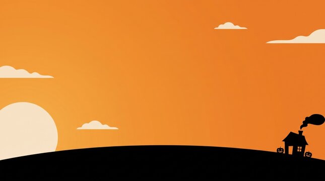 A spooky silhouette of a haunted house against a vibrant orange sunset sky for a festive halloween background