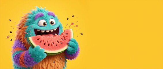 Fototapeta premium Funny fluffy summer monster eating a slice of fresh watermelon. Cute colorful creature enjoying fruit on a vibrant yellow background. Banner with copy space