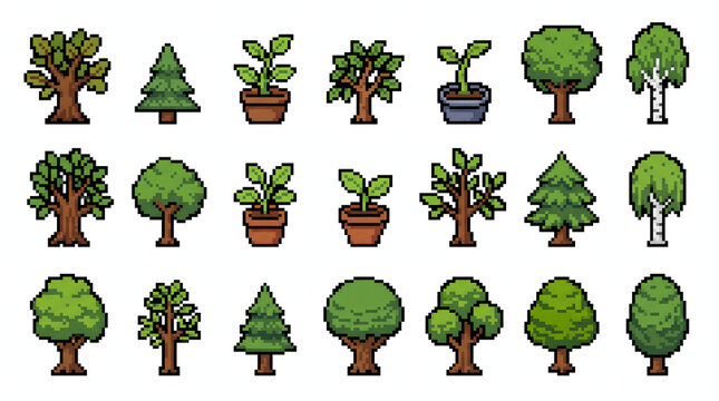 Collection of green pixel art trees and potted plant icons for retro game design assets
