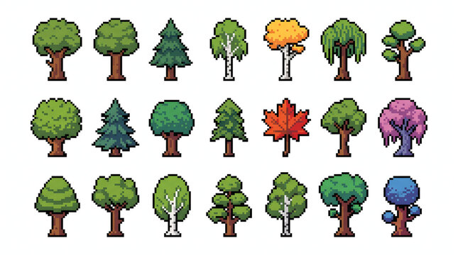Set of diverse pixel art trees and nature elements for retro video game level design assets