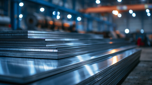 Industrial steel plates stacked in a manufacturing factory. Perfect for engineering and metallurgy concepts.