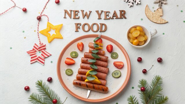Creative edible Christmas tree made from grilled sausages with colorful toppings for festive celebrations