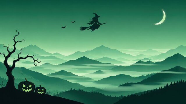 Spooky halloween landscape featuring a flying witch silhouette over misty mountains with glowing jack o lanterns at night