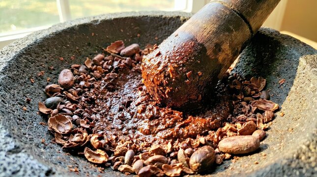 Molten Chocolate Being Ground in a Stone Mortar