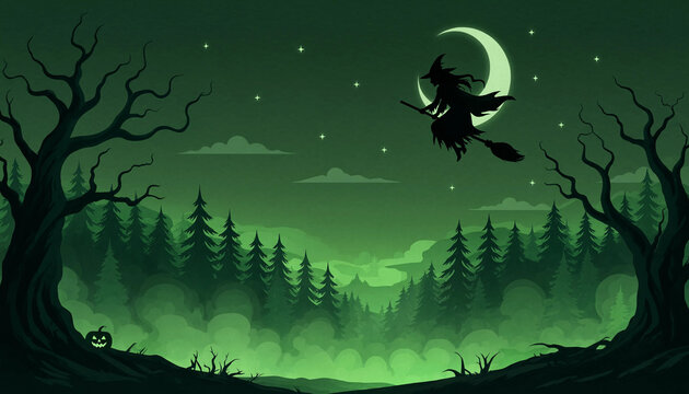 A spooky pixel art landscape featuring a witch flying on a broomstick during a dark green halloween night