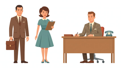 Obraz premium Retro mid-century professional characters including businessman with briefcase and secretary.