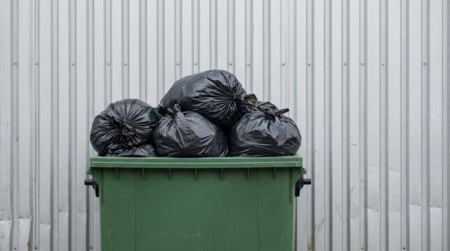 Green dumpster filled with black plastic trash bags against metal wall