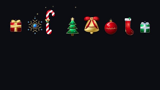 Animated Christmas Ornaments Overlay with Swinging Bell, Snowflake, Candy Cane, Gift Box, and Stocking Vector Seamless Loop