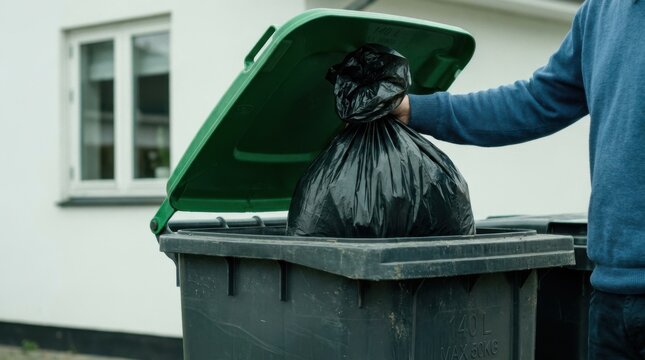 Person putting a black trash bag into a green outdoor garbage bin