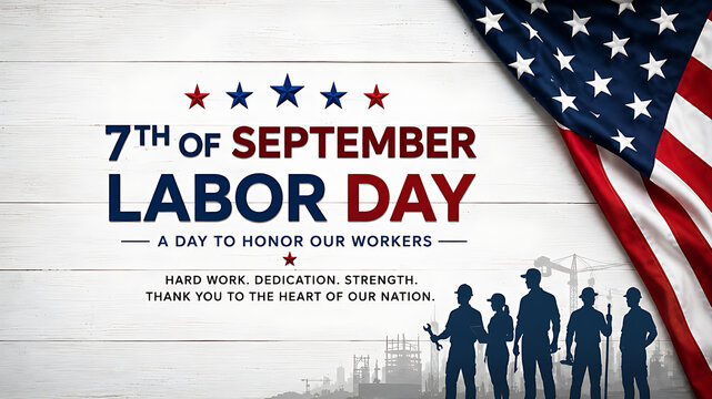 Labor Day Poster Design with Worker Silhouettes Cityscape Silhouette and American Flag on White Wood Background