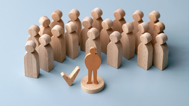 Recruitment shortlisting concept with a group of miniature wooden figures and a checkmark