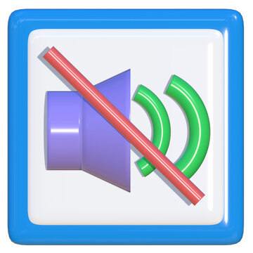 Mute audio speaker icon in 3D clay style with blue rounded square frame