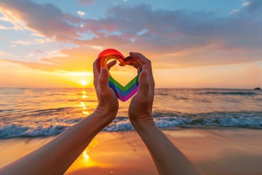 Colorful decorative heart in strong human hands on bright color