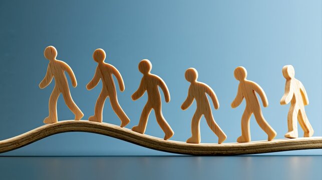 Team coordination concept with wooden figurines moving in synchronization