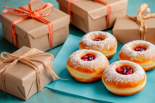Delicious Hanukkah sufganiyot with powdered sugar and festive gifts arranged for celebration