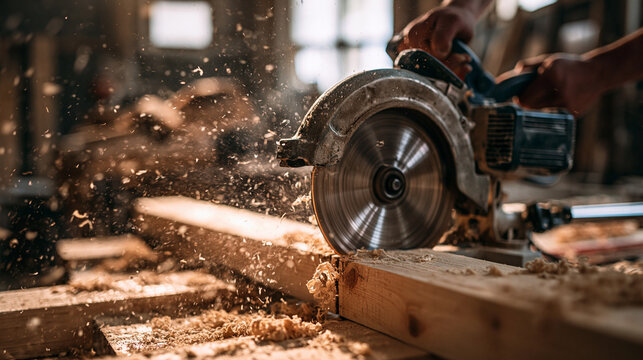 A carpenter cutting wood with a circular saw in a workshop. Industrial woodworking concept.