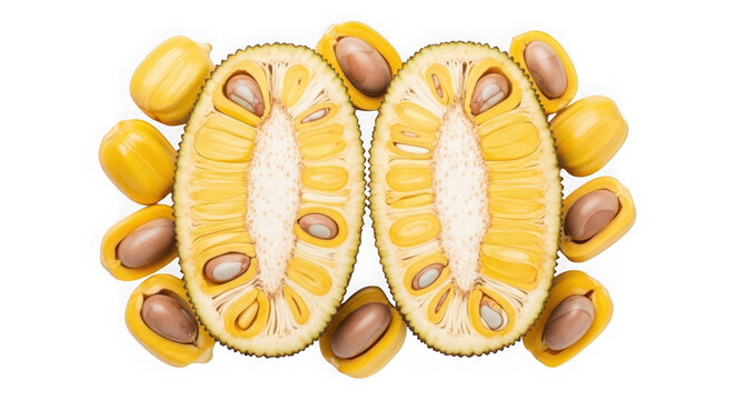 Fresh ripe jackfruit halves with scattered seeds on a table