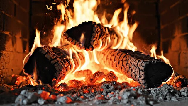 Close Up of Burning Wood Logs and Glowing Embers in a Fireplace