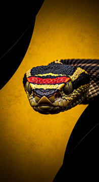 Detailed close-up of a snake's head with striking yellow, red, and black scales, representing danger, power, and the wild, against a textured yellow background with black framing.