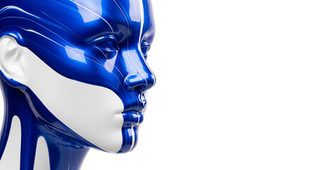 Fototapeta premium Glossy blue and white patterned mannequin face profile, symbolizing technology, innovation, and futuristic concepts, offering free space for text.