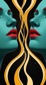 Two teal faces with red lips meet over a swirling yellow abstract pattern against a starry black background, symbolizing connection and cosmic unity.