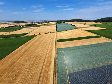 Aerial View of Patchwork Farmland Fields in Rural Germany