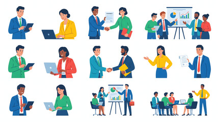 Fototapeta premium Multiethnic professional business characters in diverse corporate office work activity scenes