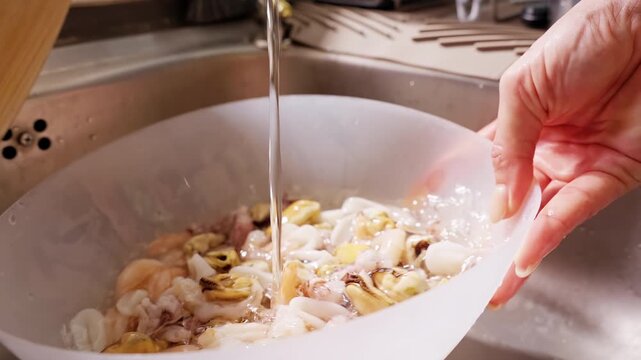 Hand Rinses Raw Mixed Seafood Under Running Water in a Kitchen Sink, Showing Freshness, Food Preparation, and Hygiene Slow motion