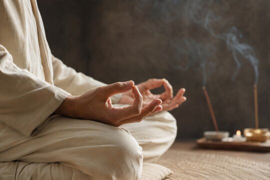 Peaceful meditating hands in lotus position