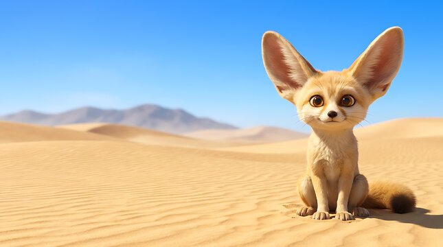Cute Fennec Fox Sitting On Sand Dunes In Desert Landscape