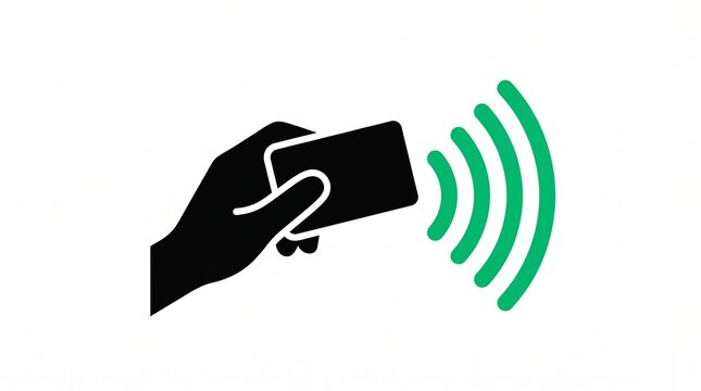 Contactless payment icon showing hand holding credit card. NFC wireless signal symbol for digital transactions. Secure electronic banking sign.