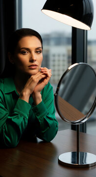 Woman in green shirt looking at a mirror with a lamp overhead, representing introspection and self-reflection in a modern setting.